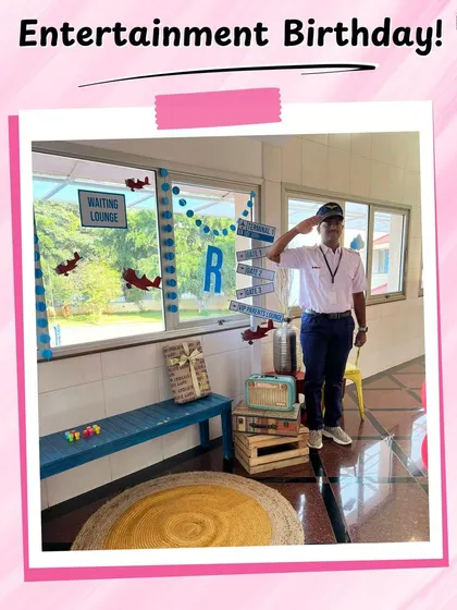 An "Entertainment Birthday" concept graphic, showcasing some of the unique entertainers I can bring to your party, like this costumed pilot for an airplane-themed event.