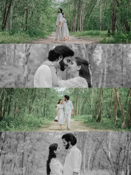 A four-part collage from a forest shoot, mixing color and black and white to create a timeless and romantic narrative of the couple's walk in the woods.