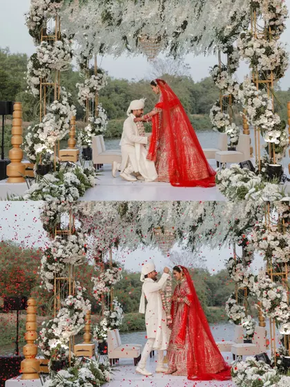 A collage of the jaimala ceremony, showing the groom bowing and the couple exchanging garlands.