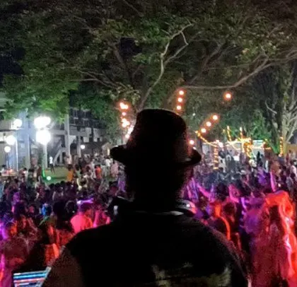 Another perspective of the massive Holi crowd, showing how I command the energy of thousands from the DJ booth.