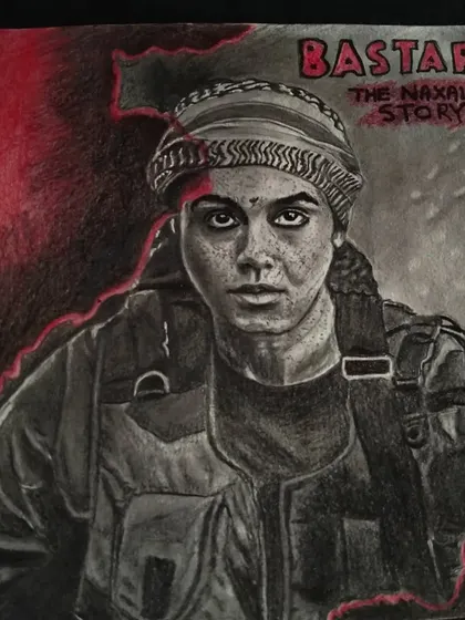 A portrait of Adah Sharma from the movie "Bastar: The Naxal Story," using red highlights to match the film's theme.