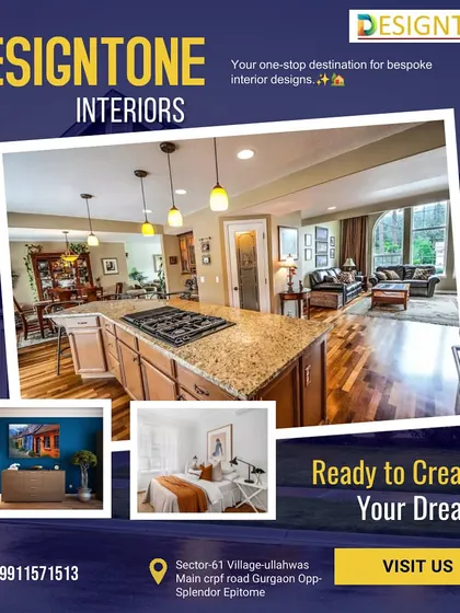 A collage showcasing our services and inviting clients to visit us to create their dream home. It features a kitchen, bedroom, and living room.