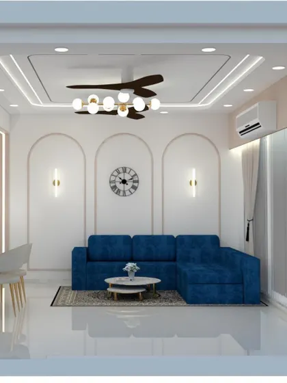 This 3D concept shows the seating area with a comfortable blue sofa set against a wall with elegant POP arch mouldings and accent lights. This is how I plan the placement of furniture and decorative elements.