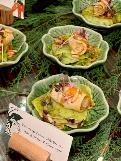 Another view of the Raw Mango Ceviche with Pine Nut Salsa and Za'atar & Cheese Cigars, highlighting the fresh, summery flavors.