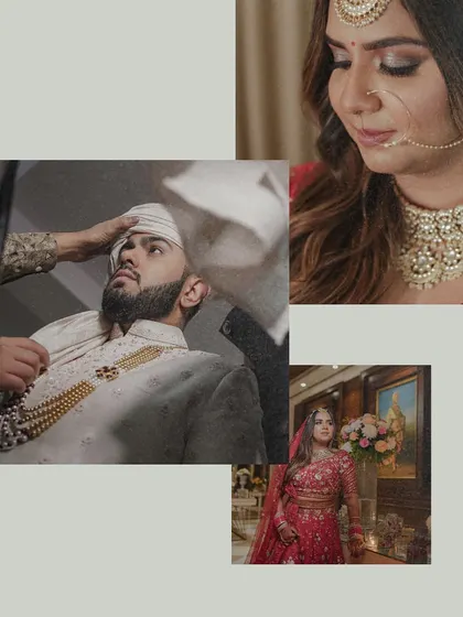 This collage focuses on the getting ready moments for both the bride and groom. From the groom's turban being tied to the bride's final look, these portraits capture the anticipation before they say 'I do'.