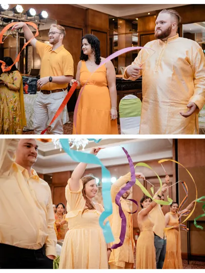 Capturing the fun and games that make each Haldi unique. The colorful ribbons add a beautiful, dynamic element to the celebration, showing the vibrant spirit of the day.