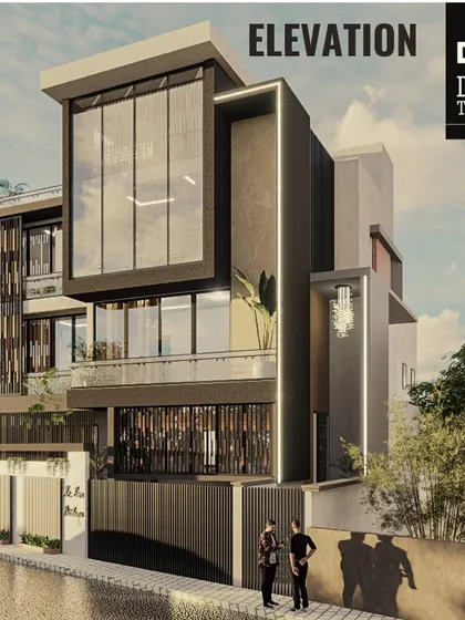 An elevation render showcasing a modern design with a prominent double-height glass facade, wooden privacy screens, and integrated LED lighting for a sophisticated look.