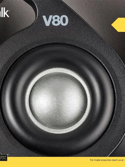 A close-up of the Polk V80 in-ceiling speaker. These speakers are designed to vanish into your ceiling, with a paintable, wafer-thin grille that makes them virtually disappear while delivering rich, immersive sound.