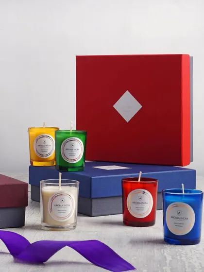 All good things come in small packages. Our set of five mini candles in colorful glass votives is a perfect way to sample different scents or to give as a charming and fragrant gift.