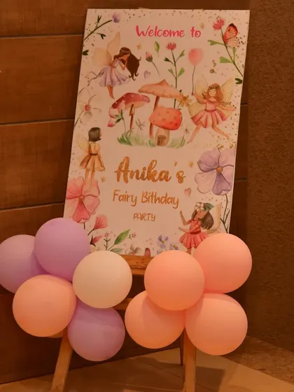 A welcome sign for a fairytale-themed party, set up at the entrance.