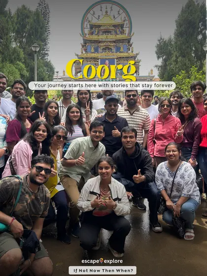 Our travel group at the Namdroling Monastery, also known as the Golden Temple, during our Coorg weekend trip. We explore both the natural beauty and cultural highlights of the region.