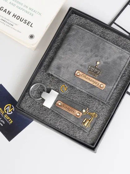 A personalized gift set featuring a grey denim wallet and a matching keychain, perfect for a coordinated look.