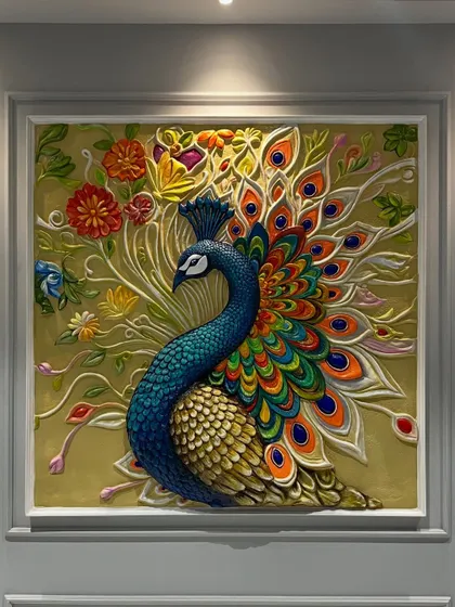 A stunningly vibrant peacock mural, rich with color and detail. The peacock's feathers and the surrounding flowers are all sculpted in 3D, creating a piece that is bursting with life.