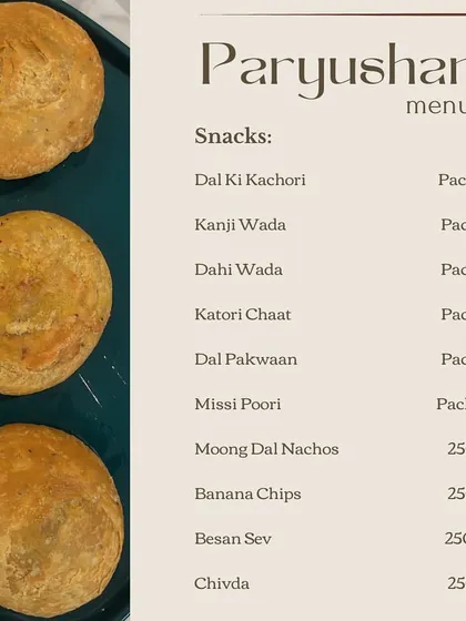The snacks section of our special Paryushan menu, curated for those observing the Jain festival. All items are prepared following Jain dietary principles.