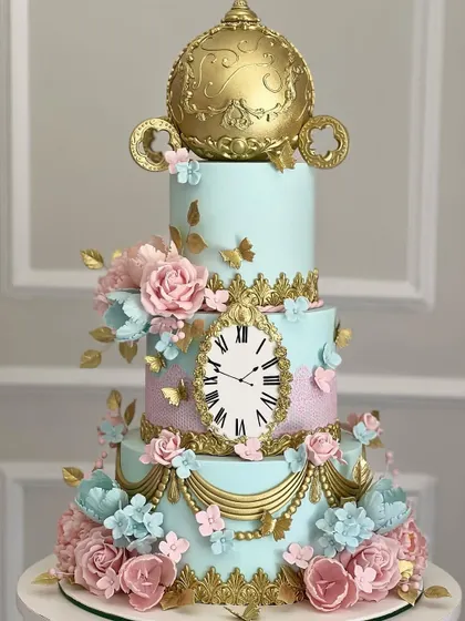 A magnificent four-tiered Cinderella-themed cake, perfect for a fairytale wedding or grand celebration. Our classes cover creating elaborate details like the golden carriage topper, clock face, and cascading sugar flowers.