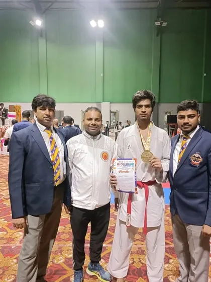 With my student Harshit after he secured a gold medal in the junior -76kg category at the KIO All India Karate Championship.