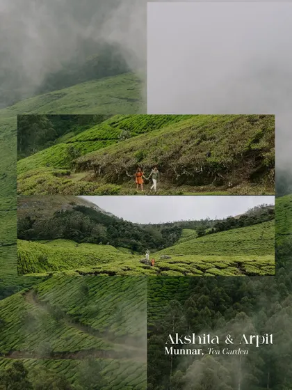 This collage showcases the grand scale of the Munnar tea gardens. We use these expansive views to create a sense of adventure, showing the couple as a small, intimate part of a vast and beautiful landscape.
