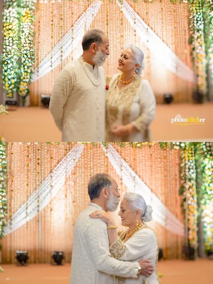 A collage capturing the beautiful moments of a 50th-anniversary celebration, from a shared glance to a slow dance.