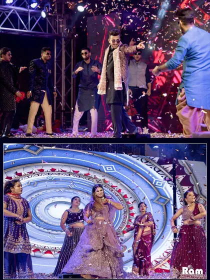 A collage showing the fun and energetic dance performances by the groom's and bride's sides at the Sangeet or engagement party.