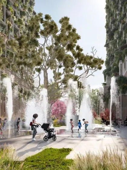 The central water feature at Sky Gardens is a popular gathering spot, providing a cool and refreshing atmosphere for the community.