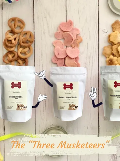Meet the "Three Musketeers" of my biscuit collection: Doggie Pretzels, Blueberry Oatmeal Biscuits, and Banana Honey Biscuits. Each offers a unique flavor and is made with the same commitment to healthy, natural ingredients.