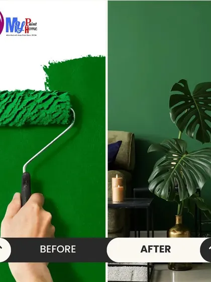 A closer look at the process of applying a bold green. The 'before' shows the work in progress, and the 'after' reveals a flawless, elegant wall that becomes the centerpiece of the room.