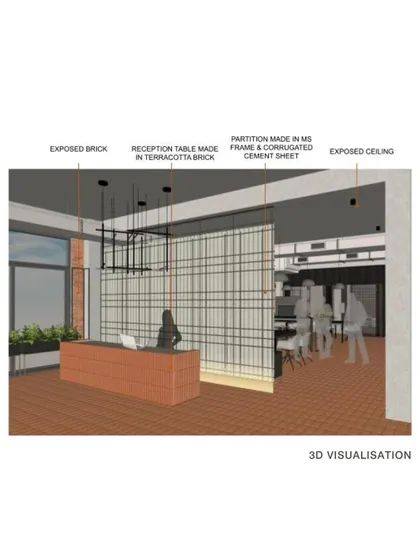 A 3D visualization of the JIM Noida student housing reception, detailing the material palette of terracotta brick, exposed ceiling, and a partition made from a mild steel frame and corrugated cement sheet.