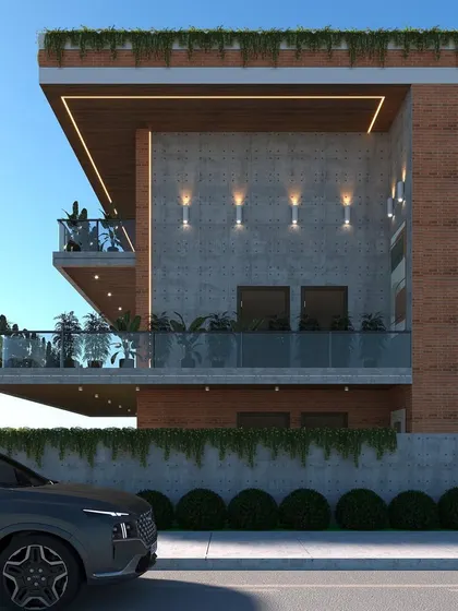 A closer look at the material interplay on the facade. The texture of the raw concrete contrasts beautifully with the clean lines of the brickwork and the glass railings, creating a balanced and modern aesthetic.