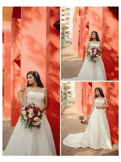 A collage of stunning bridal portraits against a bold, red architectural background. The vibrant color makes the bride's white dress stand out beautifully.