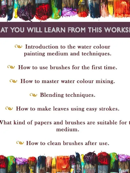 This graphic outlines exactly what you will learn in my watercolor workshop. We cover all the fundamentals, from brush techniques and color mixing to choosing the right paper.