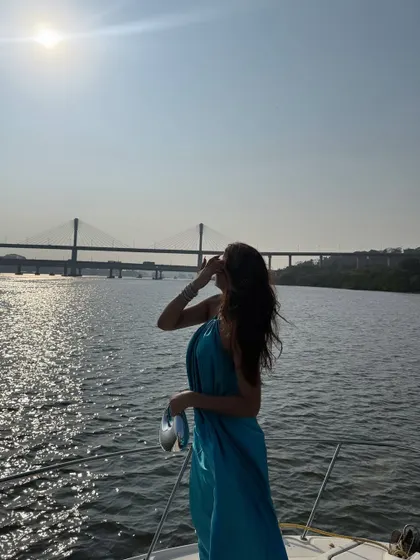Enjoying the view of the bridge from the yacht.
