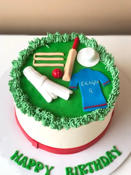 Another great cricket-themed cake, with all the essential gear laid out on a buttercream pitch.