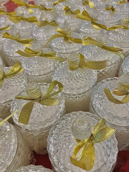 A stunning array of our crystal jar candles, a luxurious and memorable wedding favor for your guests.
