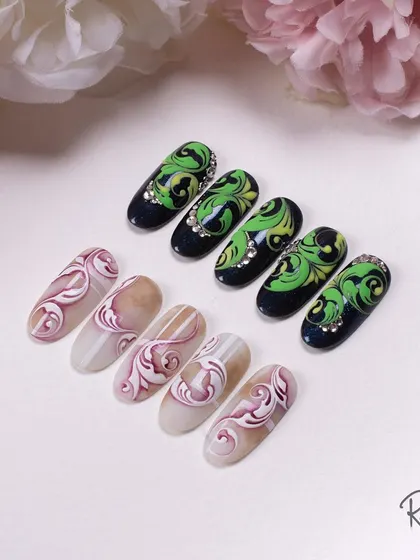 A beautifully composed shot of my complex swirl designs, showing the contrast between the soft marbled swirls and the bold neon ones.