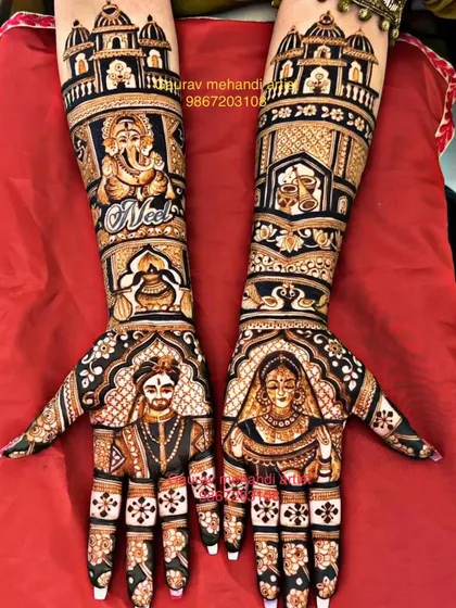 A grand bridal design with portraits, names, and auspicious symbols like Lord Ganesha, all framed by majestic palace architecture.