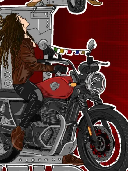 A close up of the woman with flowing hair on a red motorcycle, showcasing the sense of freedom and joy in the 'Naari Shakti' piece.
