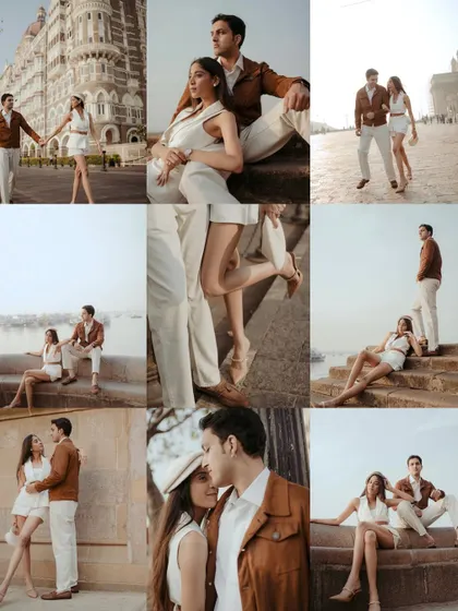This comprehensive collage captures the full story of a Mumbai pre-wedding shoot. It includes iconic landmarks like the Taj Mahal Palace Hotel, intimate close-ups, and stylish full-length portraits by the sea.