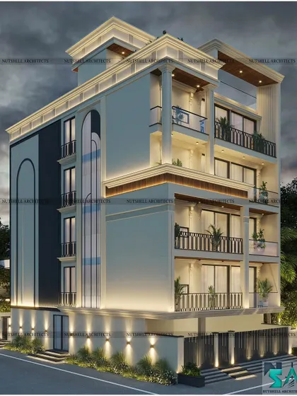 A classical facade design defined by symmetry and elegant detailing. We incorporated traditional arched window frames and decorative railings, using modern lighting techniques to highlight the cornices and vertical lines of the building at night.