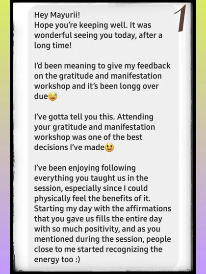 This is the first part of a client's feedback on my gratitude and manifestation workshop. They share how the affirmations and techniques helped them physically feel the benefits and shift their energy, which others also noticed.