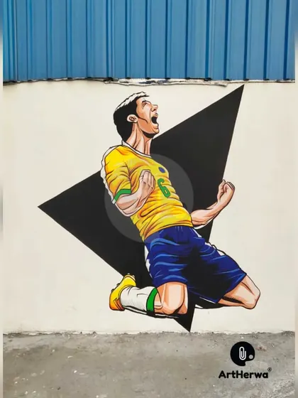 This illustration captures the triumphant roar of a football player after scoring a goal. The bold lines and graphic style make the emotion palpable.