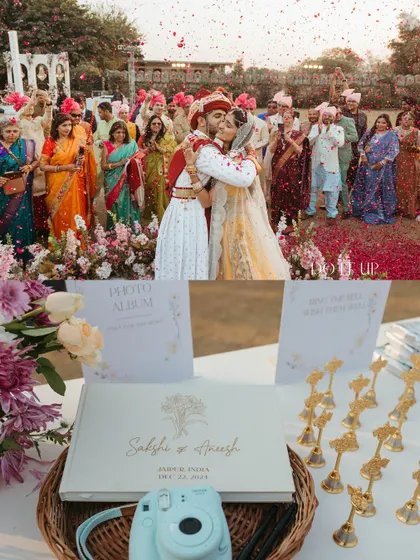A collage showing the guest book station and the resulting petal shower. It captures how these small, planned details lead to beautiful, emotional memories.