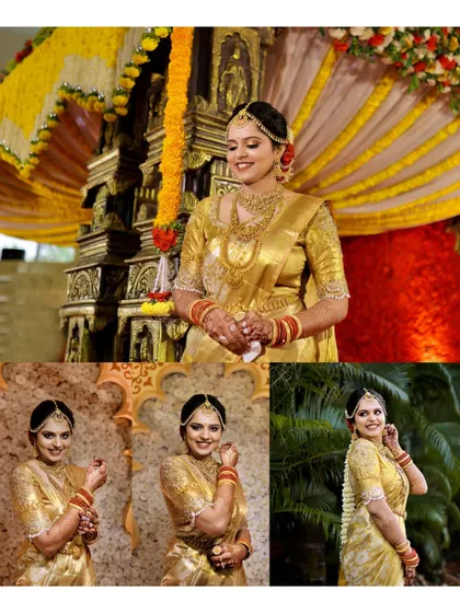 A collage of a bride in her stunning golden wedding saree, capturing her elegance from multiple angles before the ceremony.