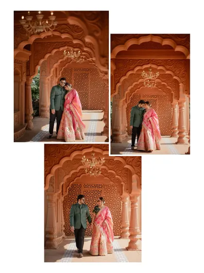 A collage of romantic moments from a pre-wedding shoot in a heritage location, showing the couple walking and embracing.