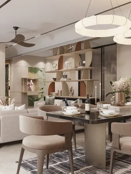 This render details the dining area within an open-plan layout. The design features contemporary chairs, a sleek dining table, and abstract art, all tied together with modern lighting to create a sophisticated space for meals.