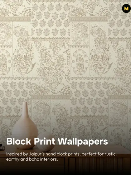 Inspired by Jaipur's hand block prints, this wallpaper is perfect for creating a rustic, earthy, or boho interior. The subtle, repeating patterns add texture and warmth to this console area.