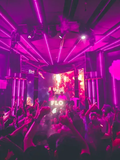 A wide shot of FLO bathed in pink neon and smoke. This is the atmosphere I build, a complete visual world for the crowd to get lost in.