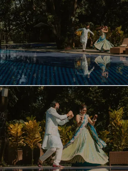 A couple dancing by the pool during their Haldi event. We love capturing these fun, spontaneous moments that reflect the couple's personality.