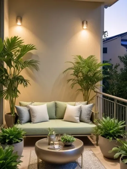 A simple and elegant balcony setup featuring a comfortable sage green sofa and a metallic coffee table. Surrounded by lush palm plants, this design shows how a few carefully selected pieces can create a beautiful and functional outdoor space.