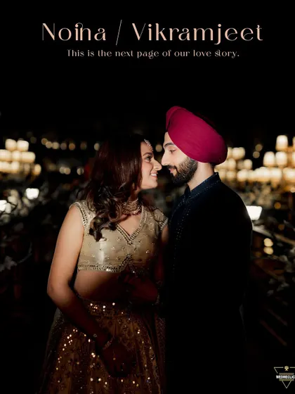 A beautiful night portrait of a Sikh couple, with the warm lights of the venue creating a lovely bokeh effect in the background. This shot captures the magical atmosphere of their celebration.