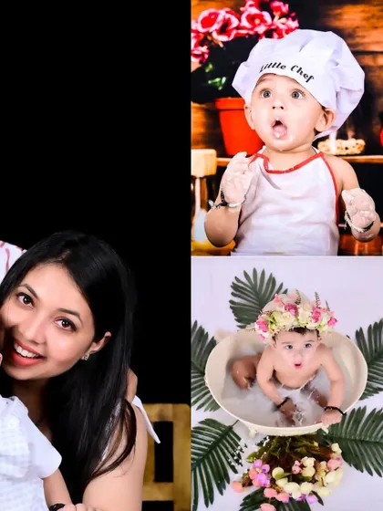 A collage showing a mother with her baby, along with themed shots of the baby as a chef and in a milk bath.